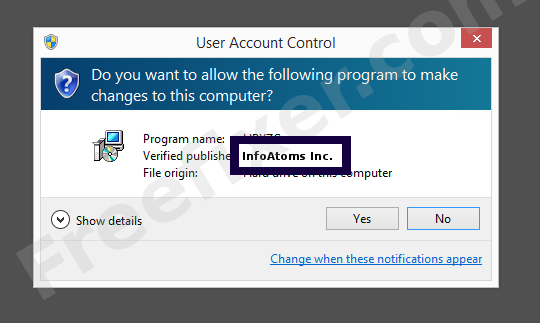 Screenshot where InfoAtoms Inc. appears as the verified publisher in the UAC dialog
